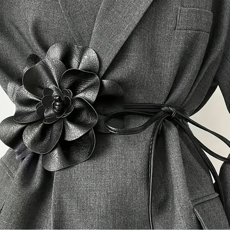 Camellia Flower Faux Leather Tie Waist Belt