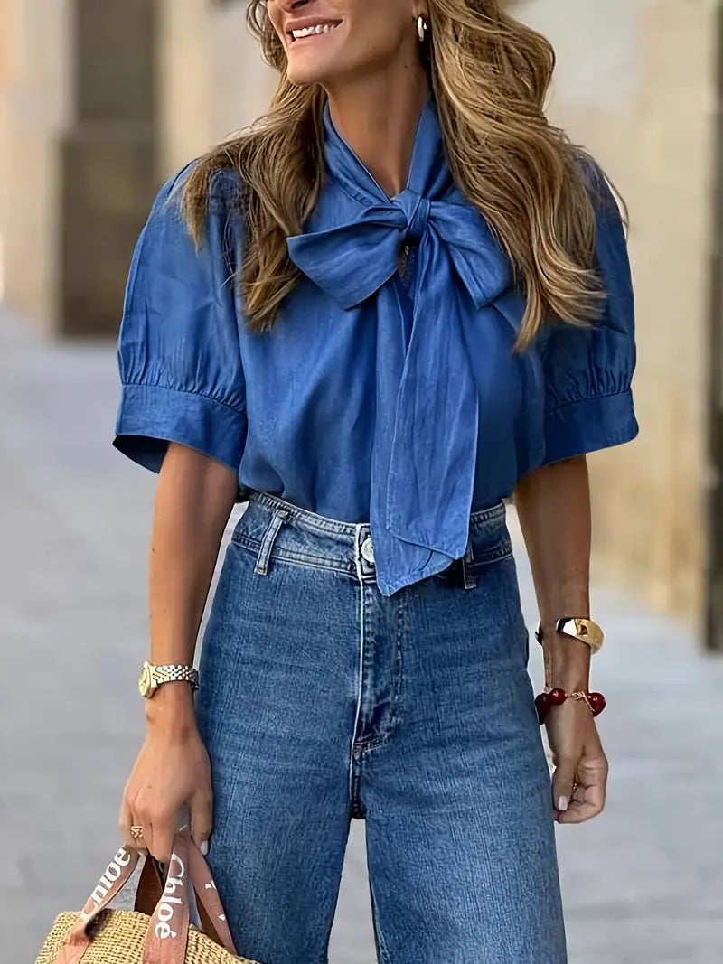 PUSSY BOW DENIM LOOK BLOUSE