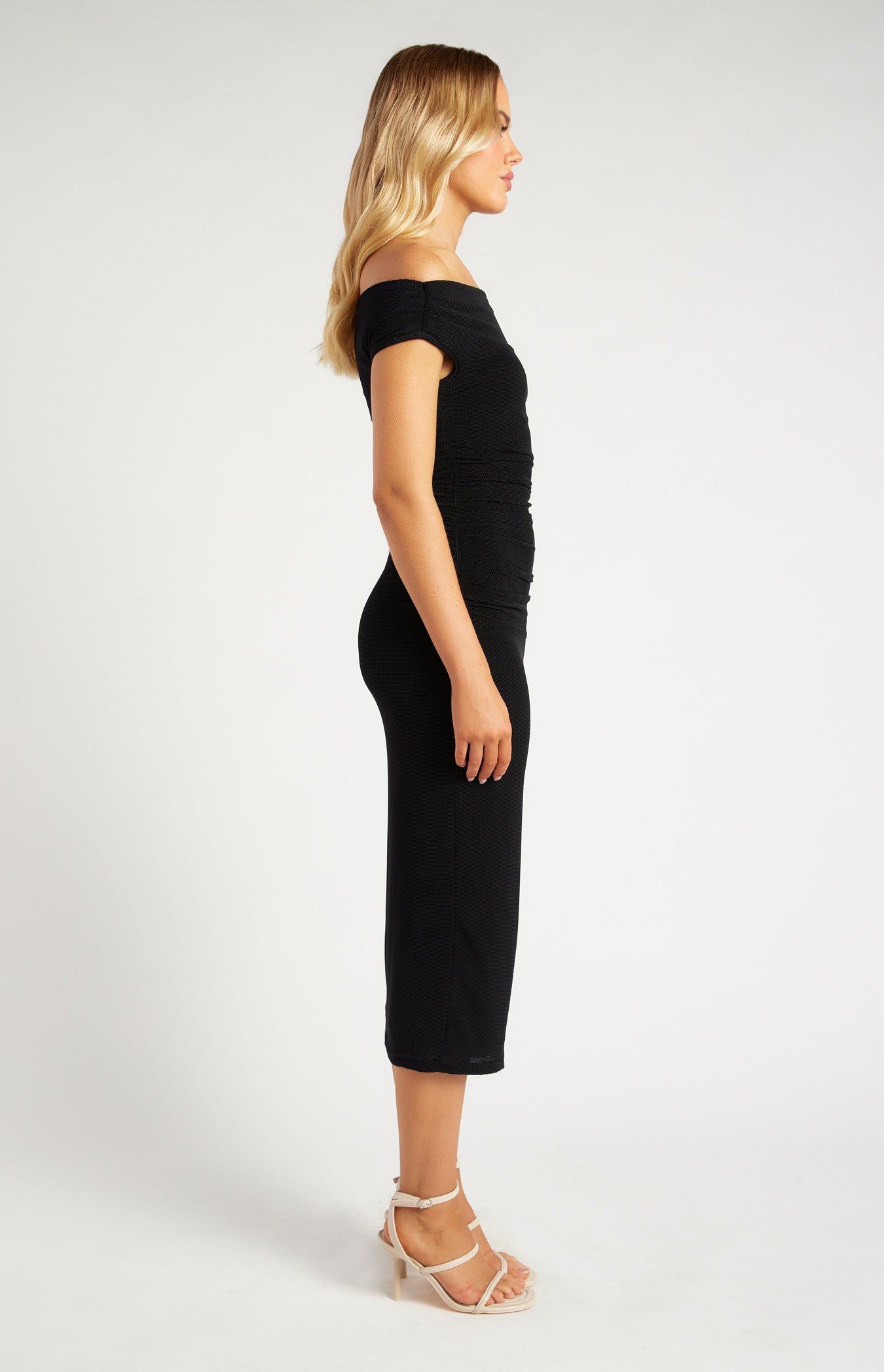 Off Shoulder Textured Mesh Midi Dress