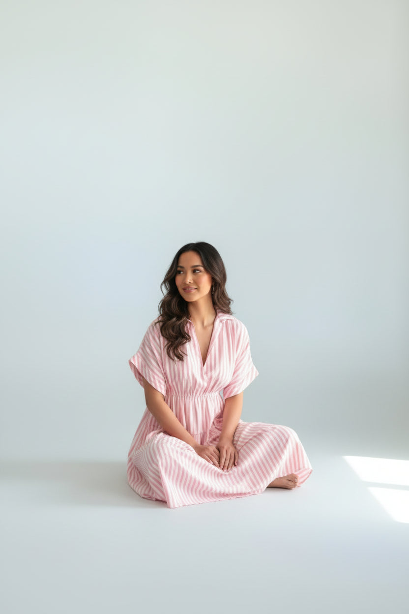 IMOGEN GATHERED SLEEVE STRIPE DRESS