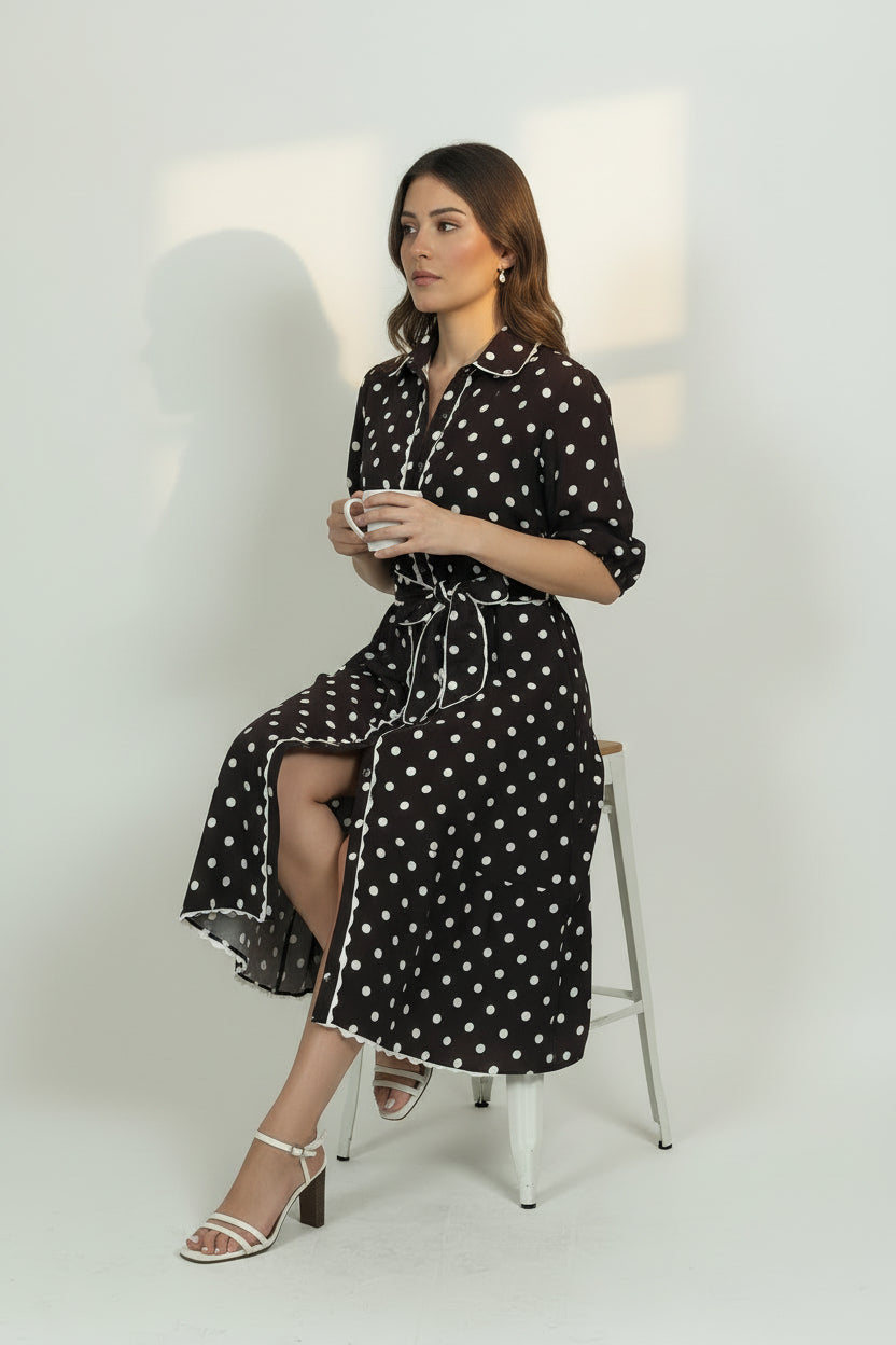 RICKY TRIM SPOT DRESS- RED AND CHOCOLATE