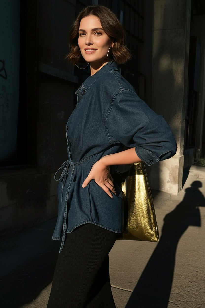 TIE WAIST DENIM SHIRT