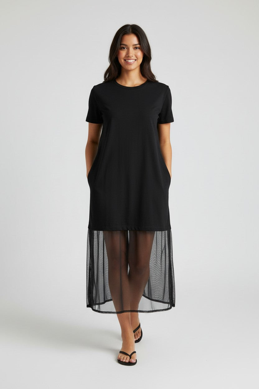 CONTRAST SHEER TEE DRESS