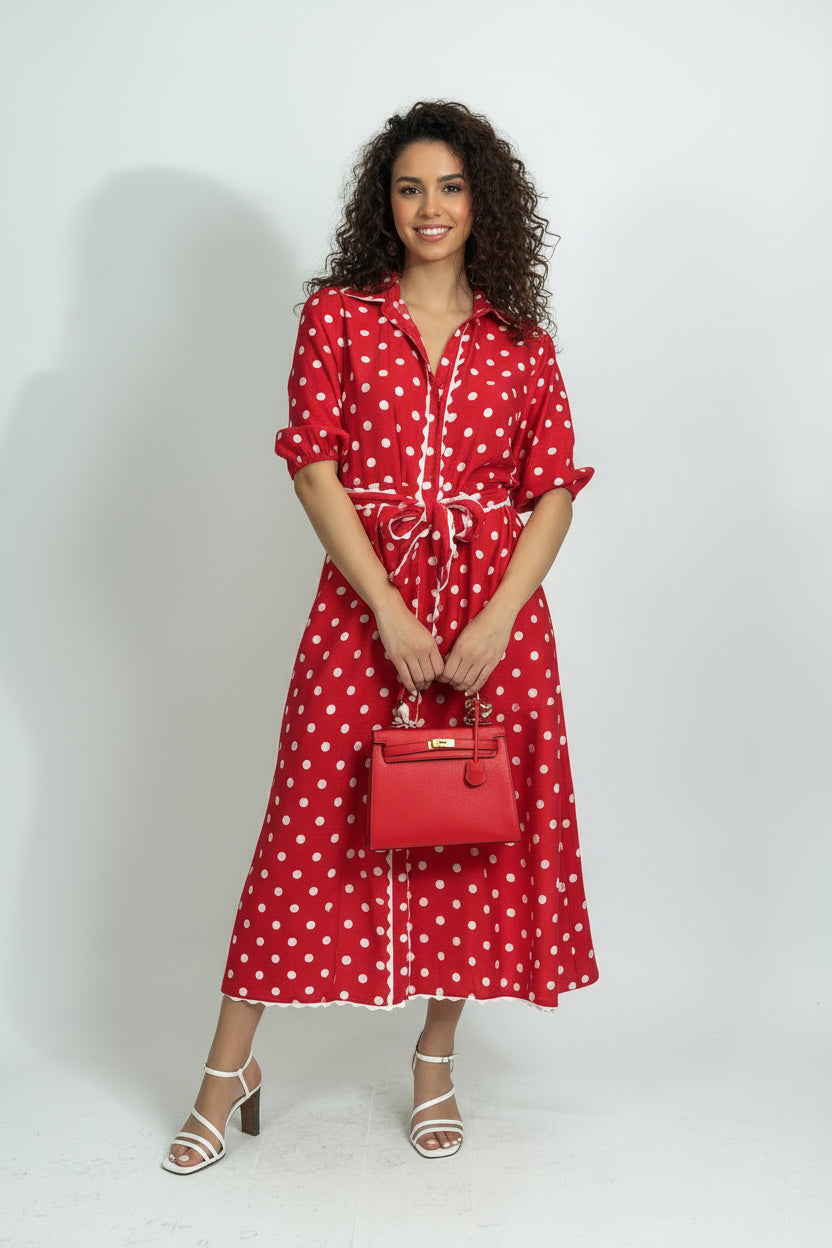 RICKY TRIM SPOT DRESS- RED AND CHOCOLATE