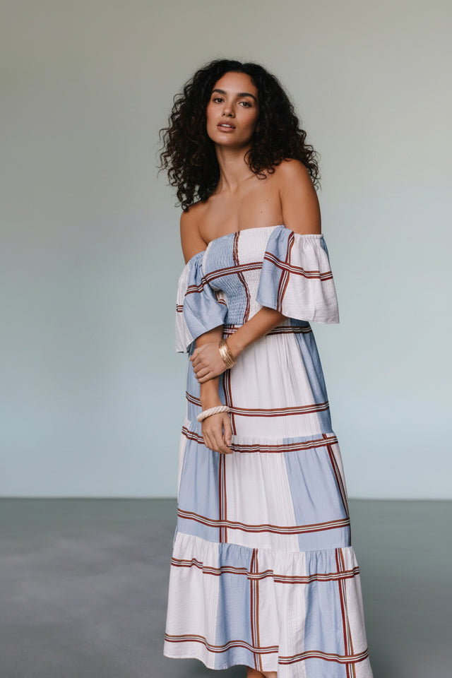 CHECK OFF SHOULDER MAXI DRESS