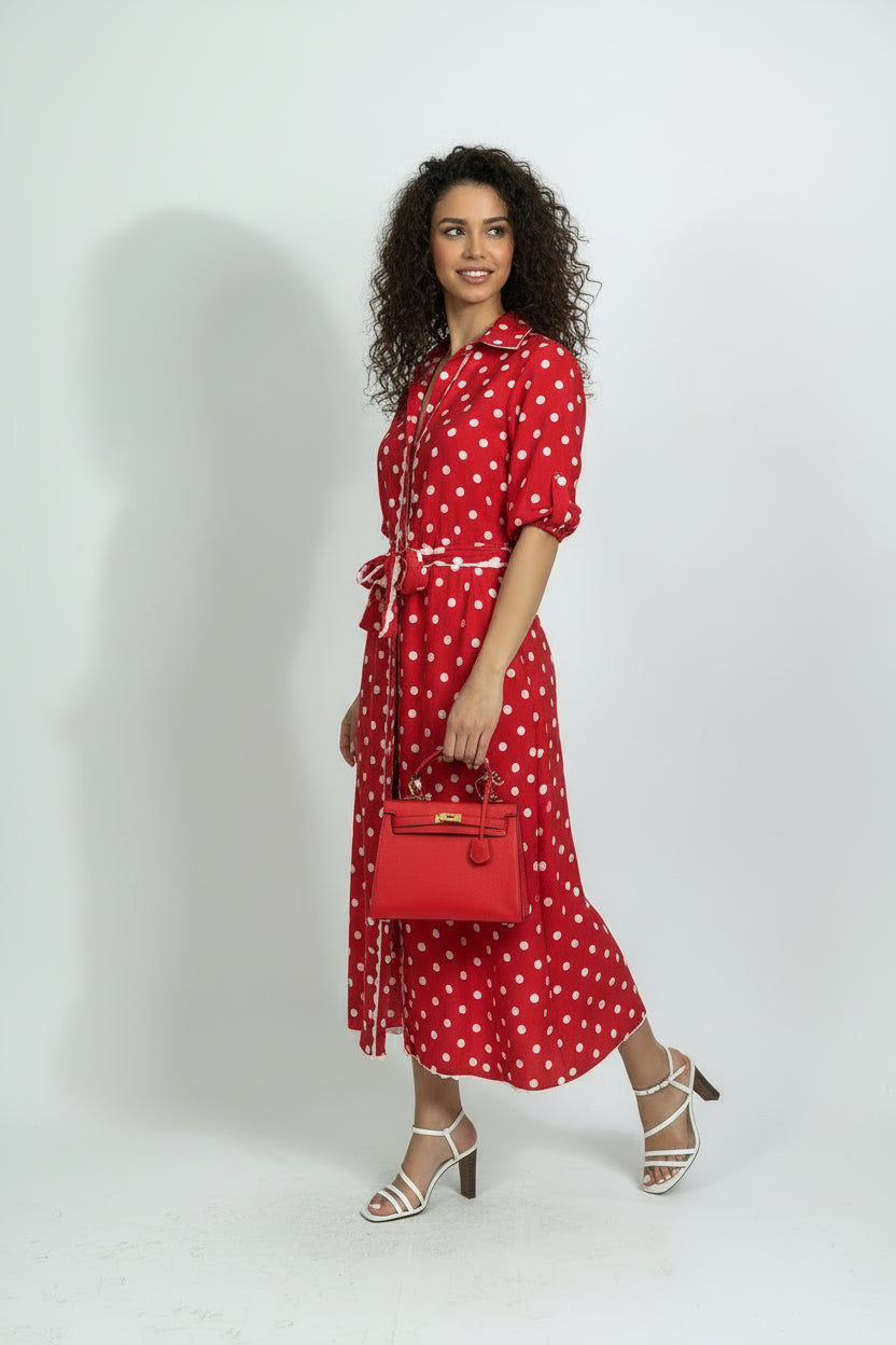 RICKY TRIM SPOT DRESS- RED AND CHOCOLATE