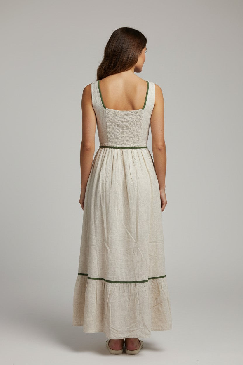 TRIM LINEN TIER MIDI DRESS