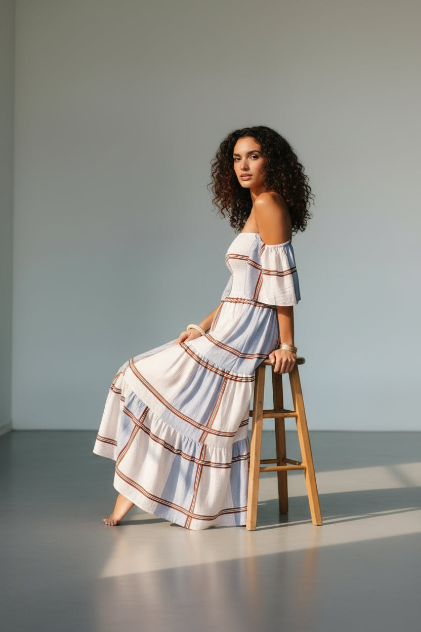 CHECK OFF SHOULDER MAXI DRESS