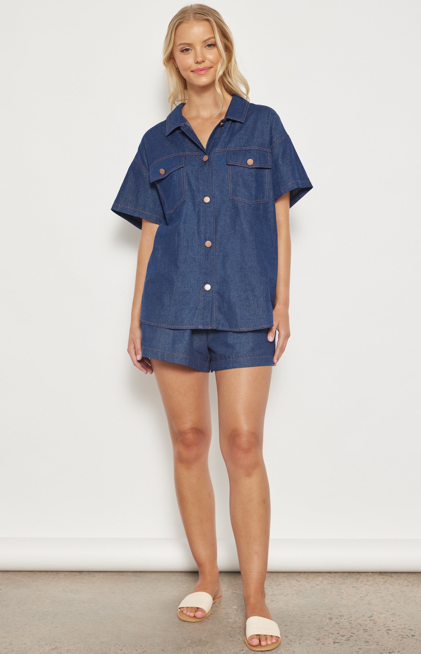 Contrast Stitching Chambray Shirt and Shorts Set