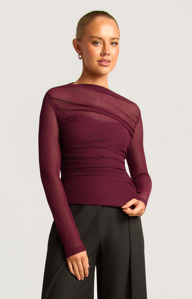 Asymmetric Hem Ruched Detail Sheer Mesh Top