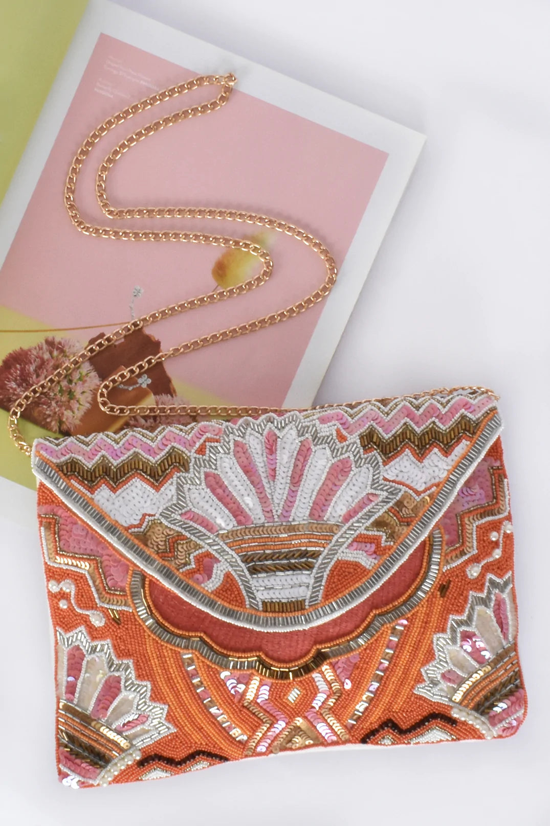 Hand Crafted Beaded Flap Over Clutch (Clay/Multi)