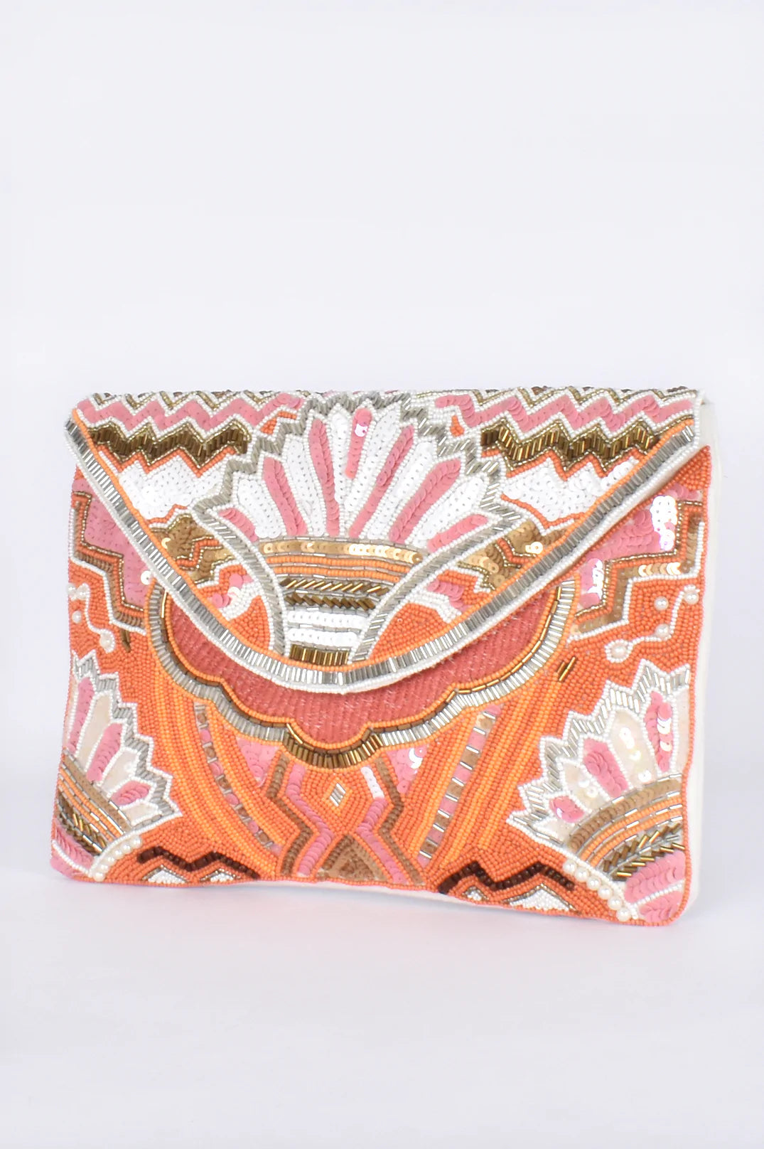 Hand Crafted Beaded Flap Over Clutch (Clay/Multi)