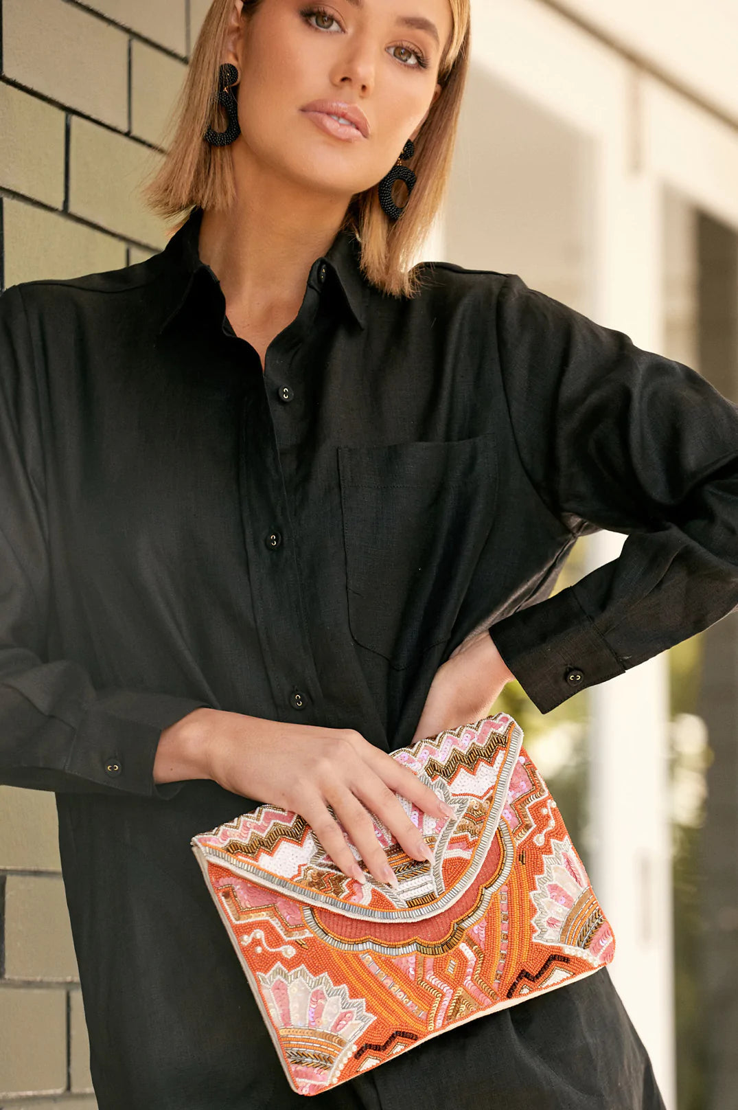 Hand Crafted Beaded Flap Over Clutch (Clay/Multi)