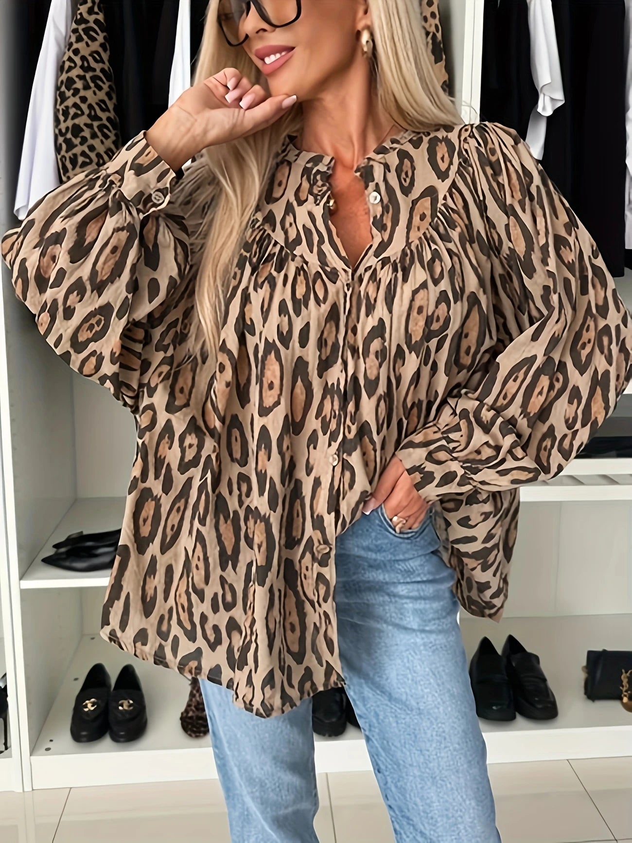 Leopard Print Puff Sleeves Button Up Shirt