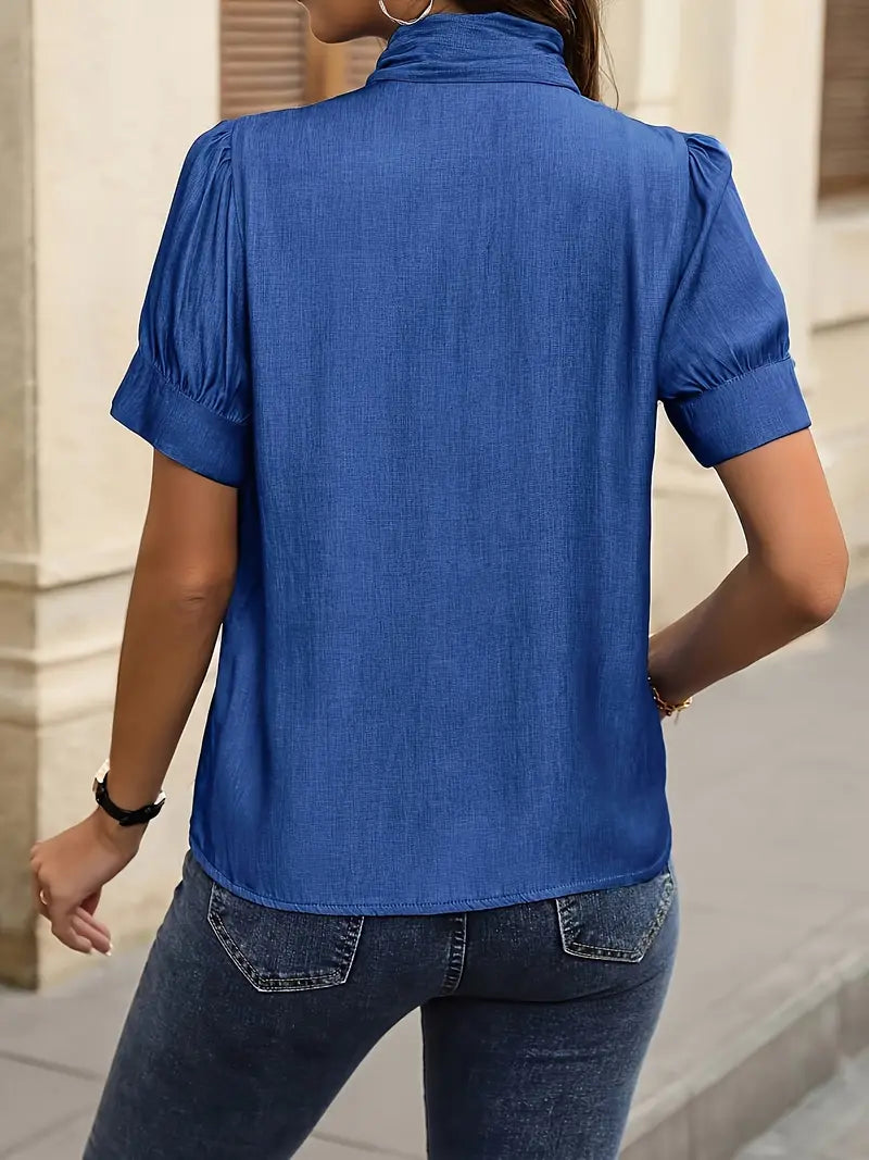 PUSSY BOW DENIM LOOK BLOUSE