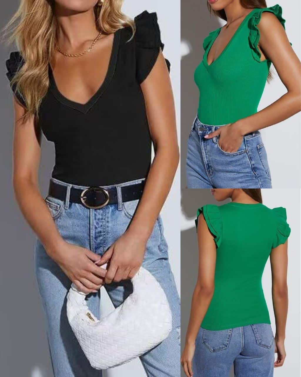 RUFFLE CHARM KNIT TOP- GREEN & BLACK