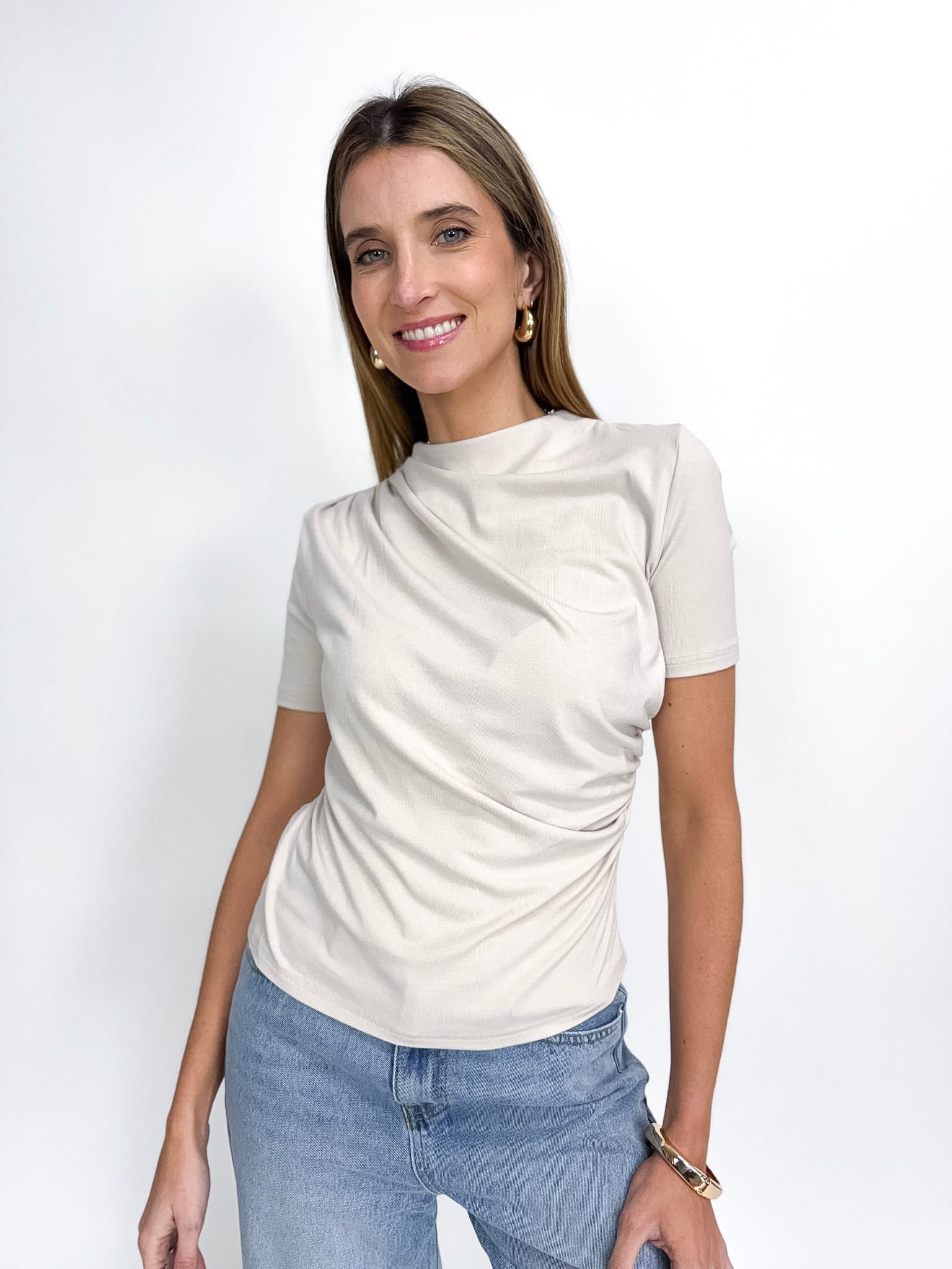 Stretch Jersey Top with Front Ruched Detail - PEARL