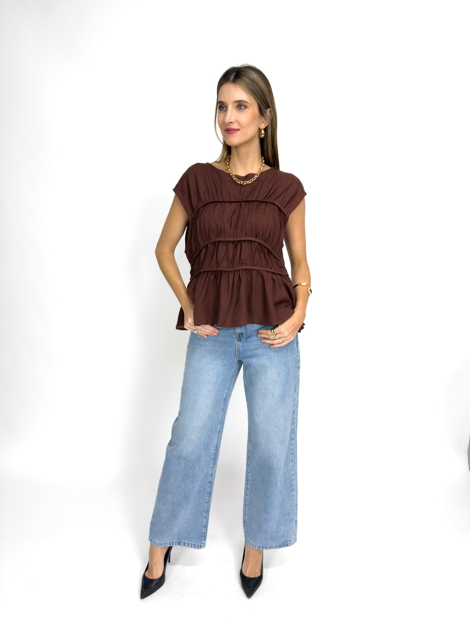 ROMAN RUCHED TOP - CHOCOLATE