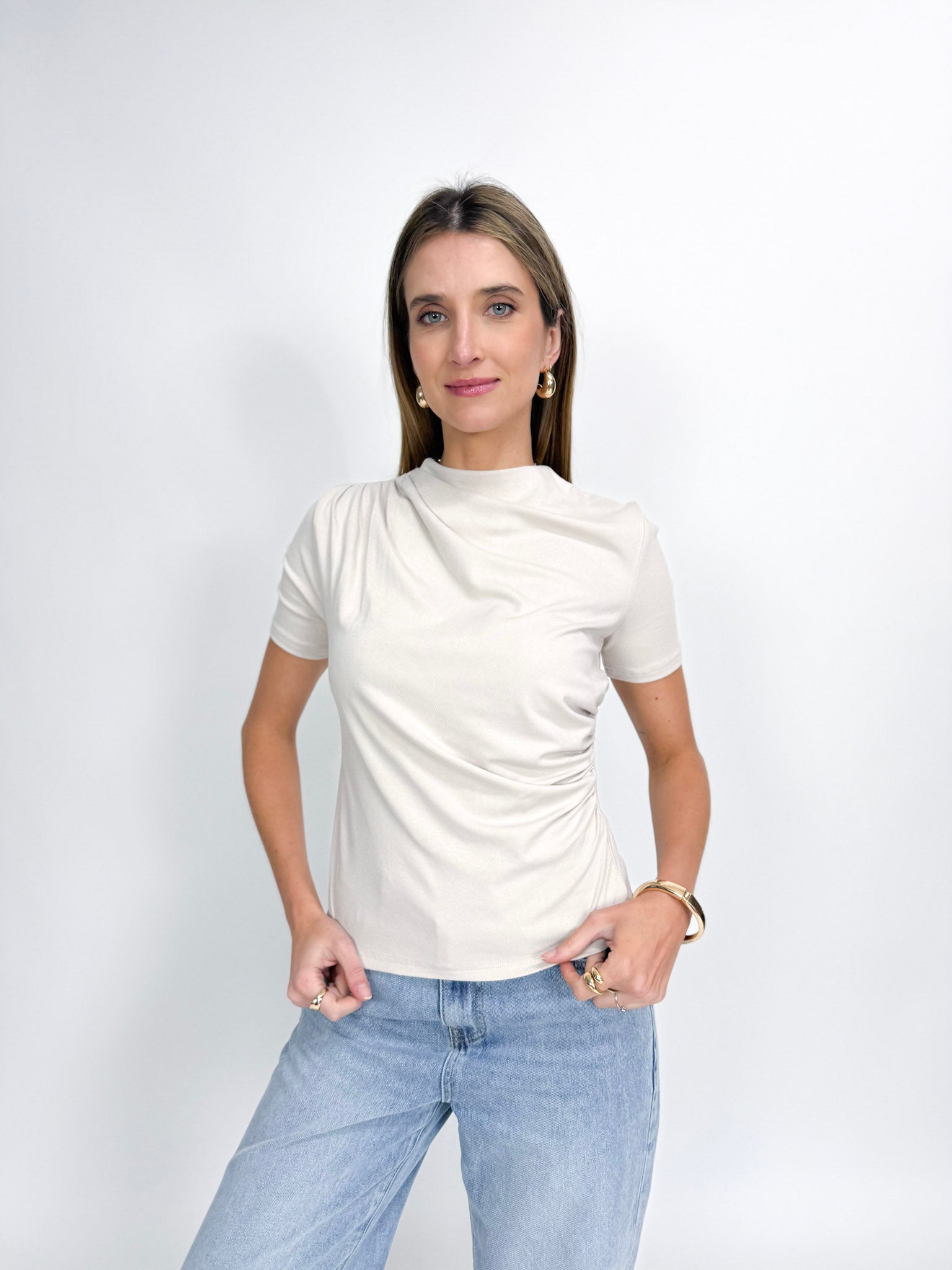 Stretch Jersey Top with Front Ruched Detail - PEARL