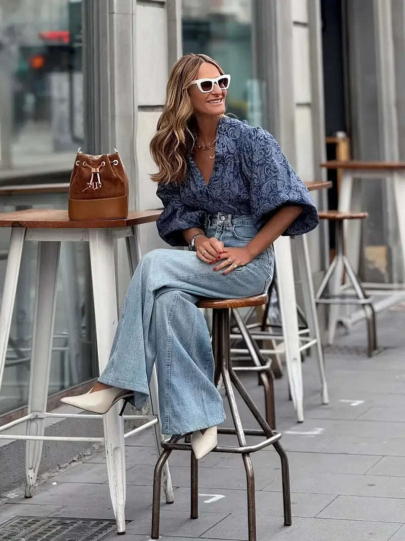 PAISLEY PRINT DENIM LOOK BLOUSE