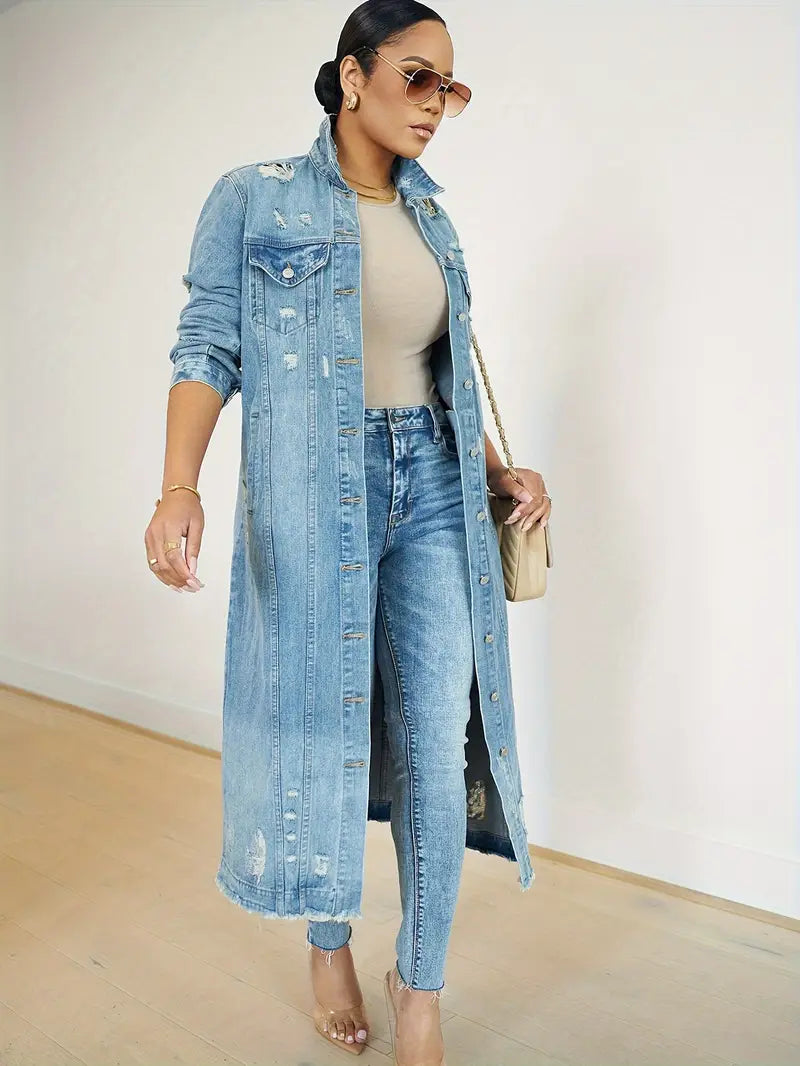 DENIM DISTRESSED LONG JACKET