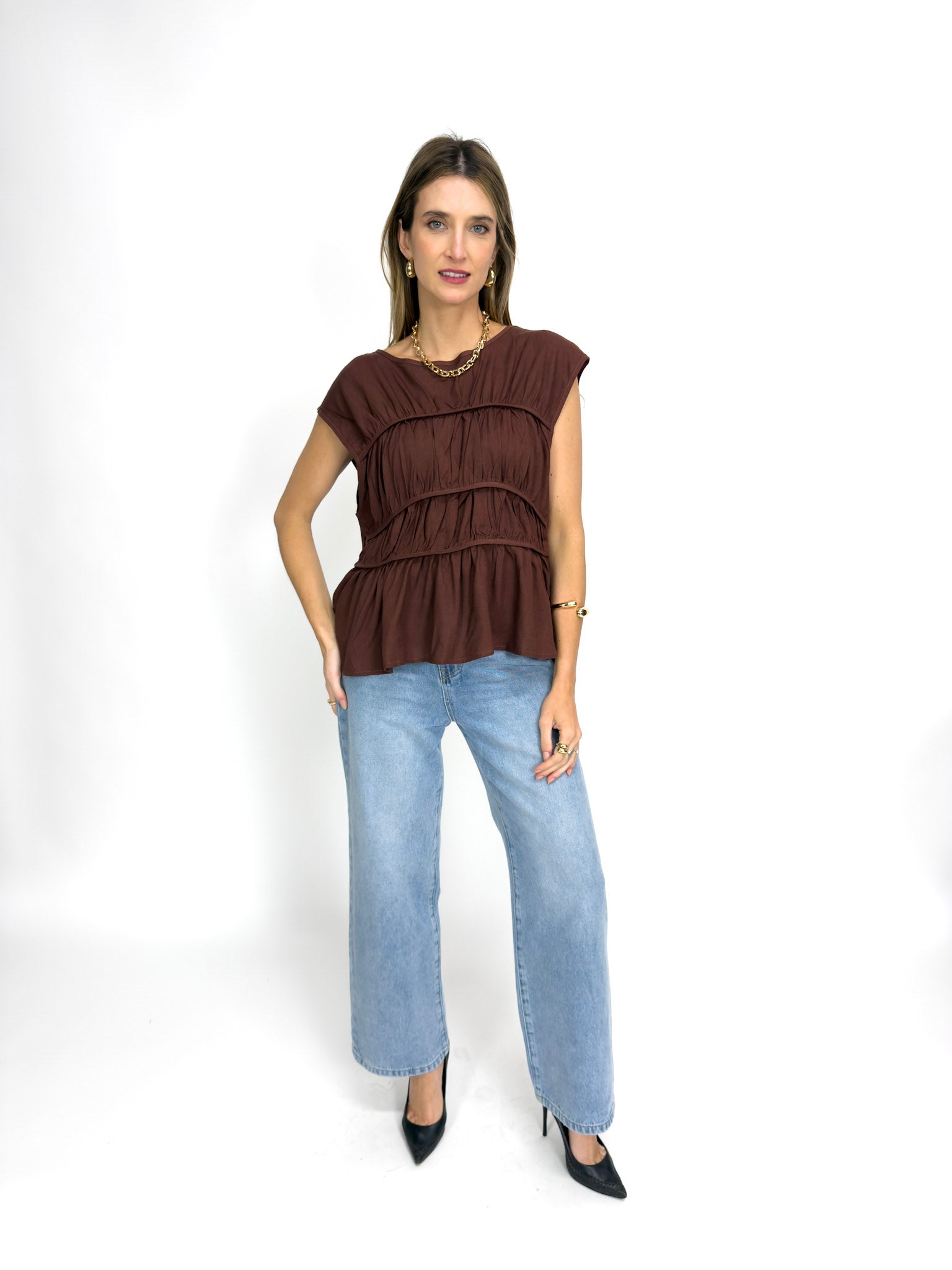 ROMAN RUCHED TOP - CHOCOLATE