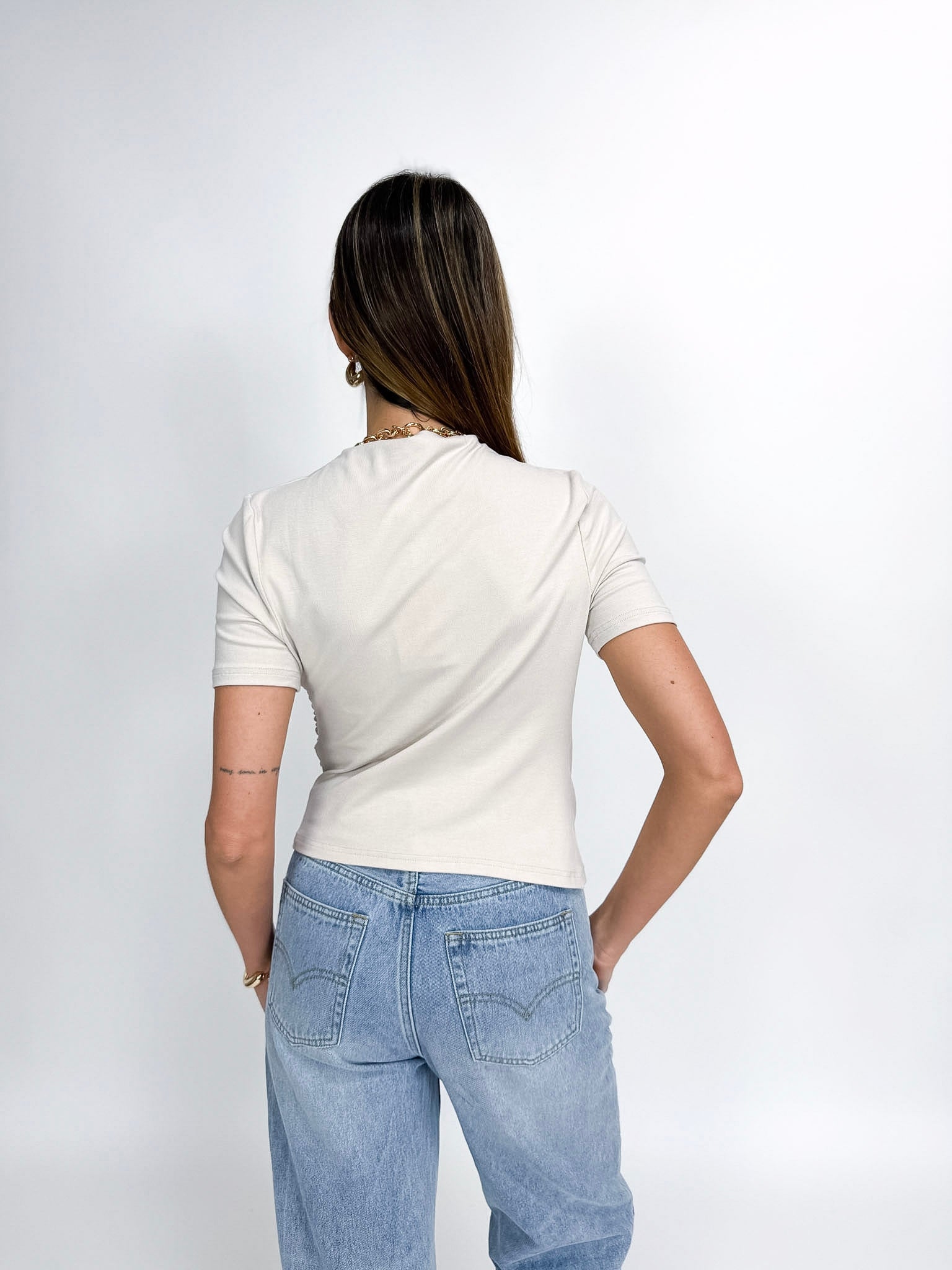 Stretch Jersey Top with Front Ruched Detail - PEARL