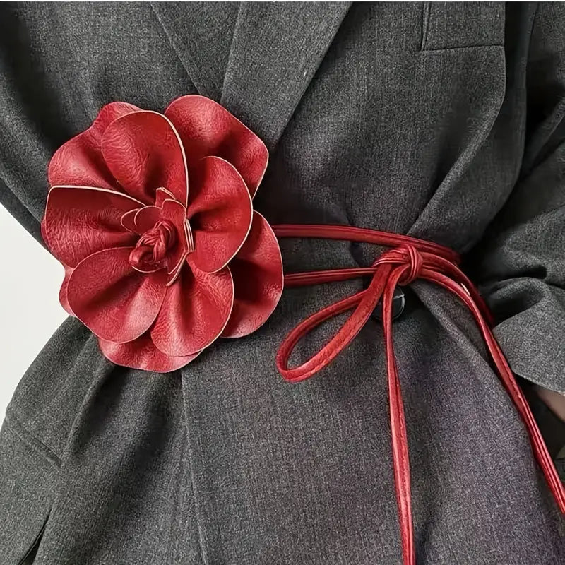 Camellia Flower Faux Leather Tie Waist Belt