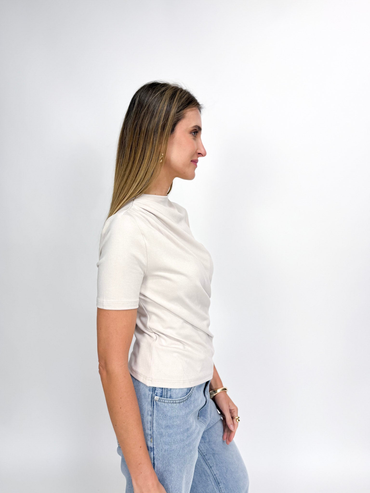 Stretch Jersey Top with Front Ruched Detail - PEARL