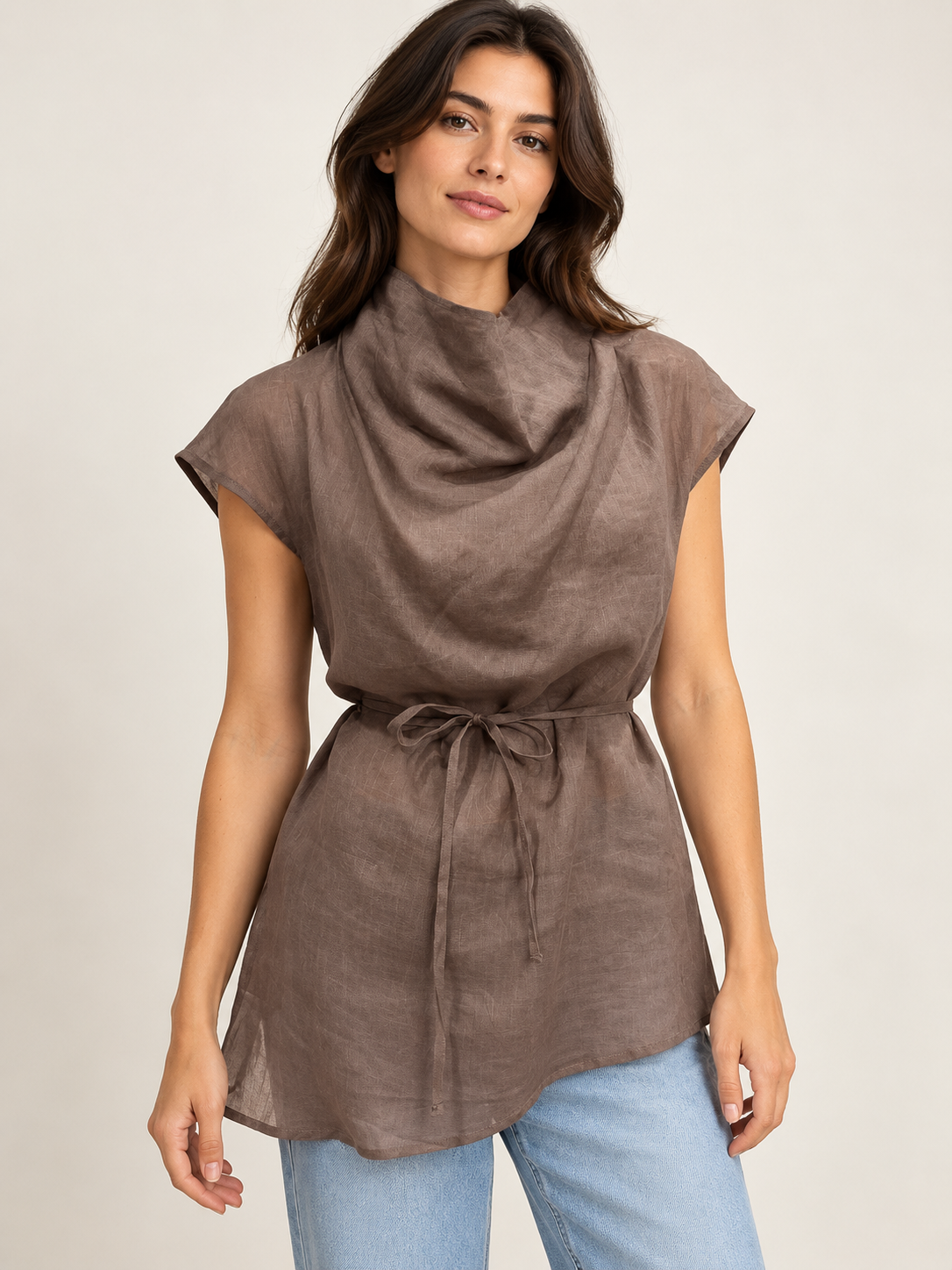 Sheer Linen Cowl Neck Top