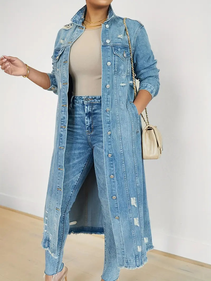 DENIM DISTRESSED LONG JACKET