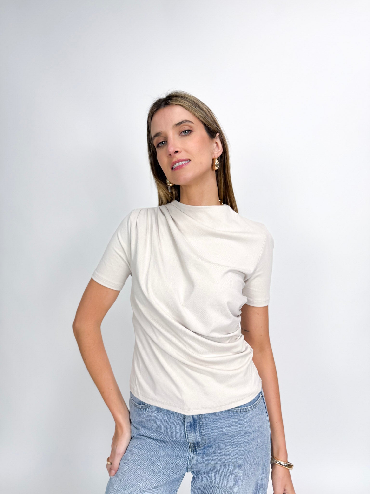Stretch Jersey Top with Front Ruched Detail - PEARL