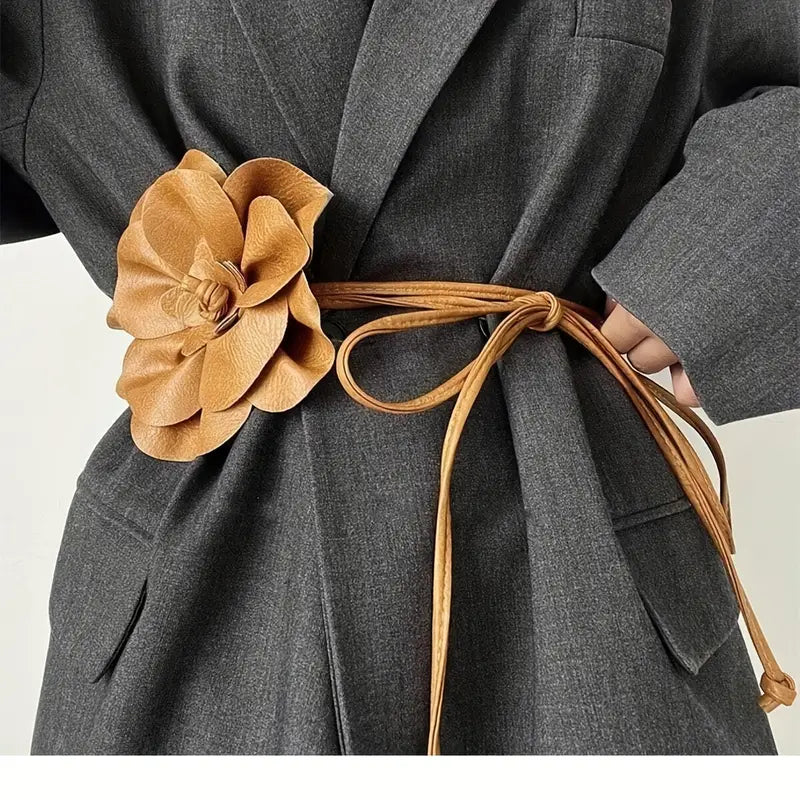 Camellia Flower Faux Leather Tie Waist Belt