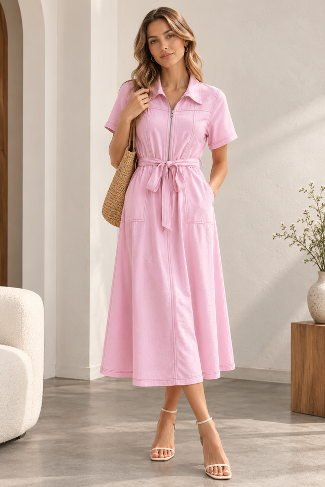 Rayon Zip Front Midi Dress | Venom Emilio
