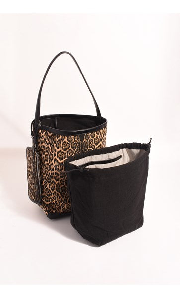 JONI LEOPARD CANVAS BUCKET BAG