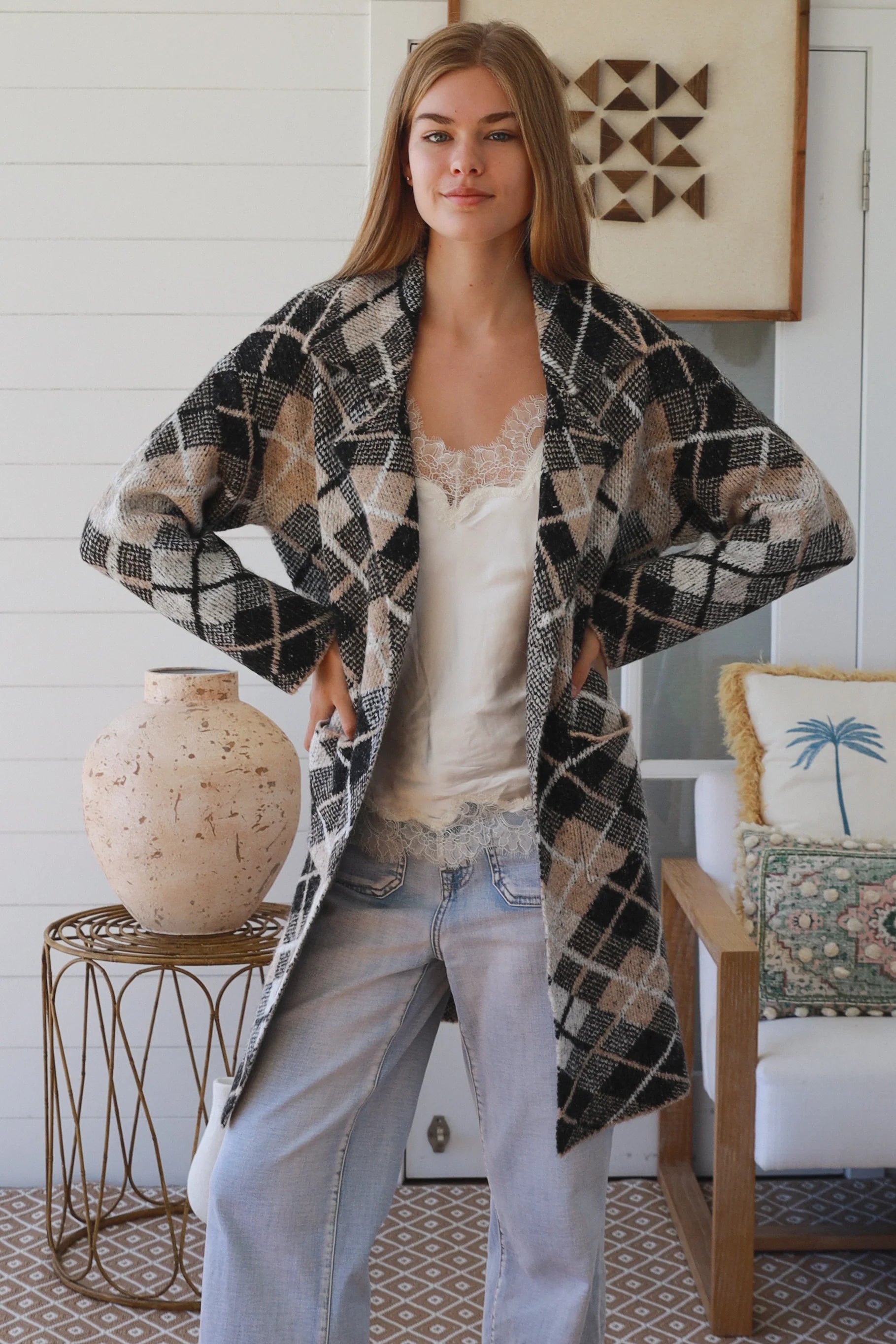 ARGYLE PRINT MIDI CARDIGAN