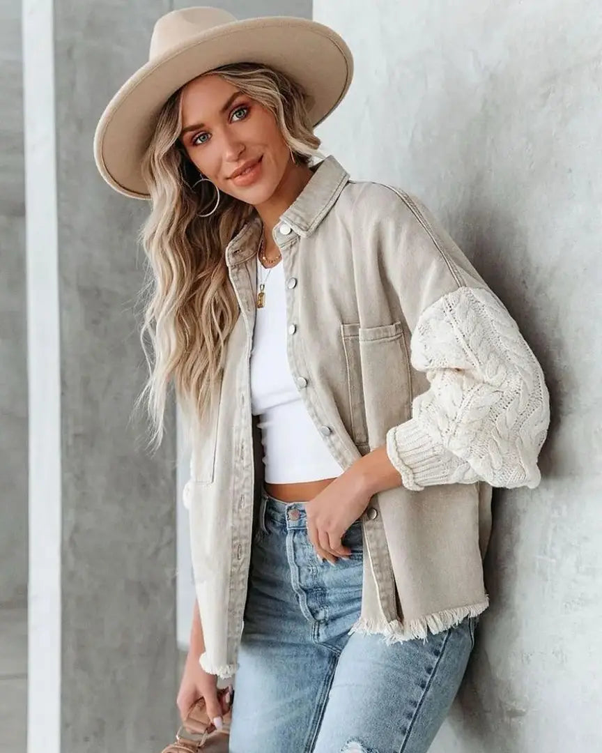 DENIM JACKET WITH KNIT SLEEVE