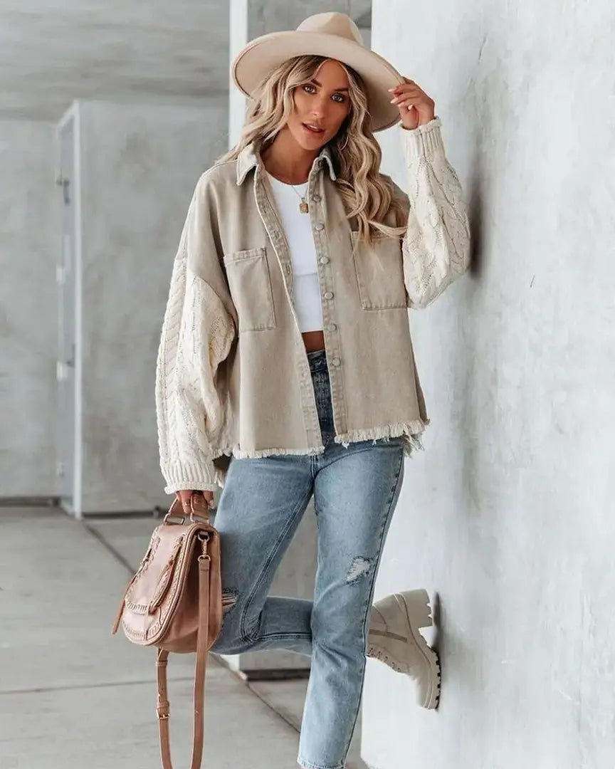 DENIM JACKET WITH KNIT SLEEVE