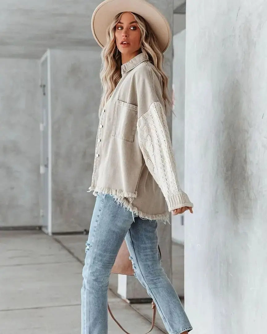 DENIM JACKET WITH KNIT SLEEVE