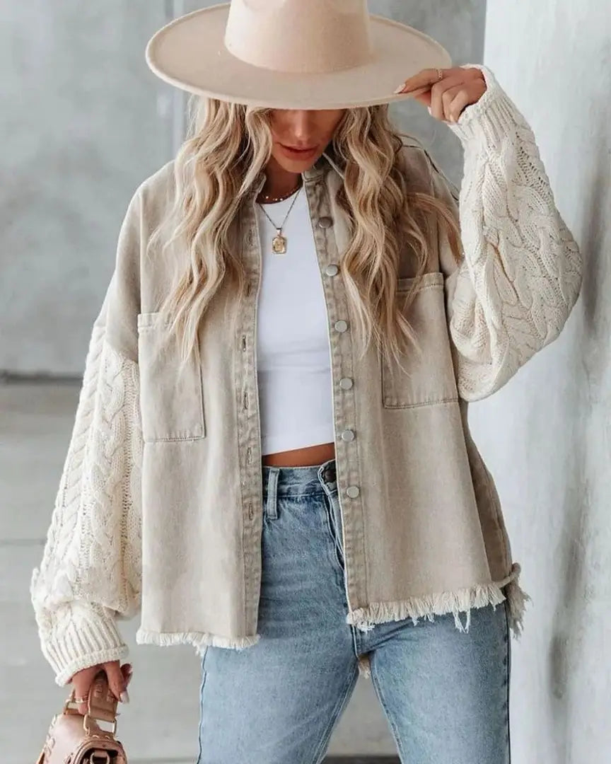DENIM JACKET WITH KNIT SLEEVE