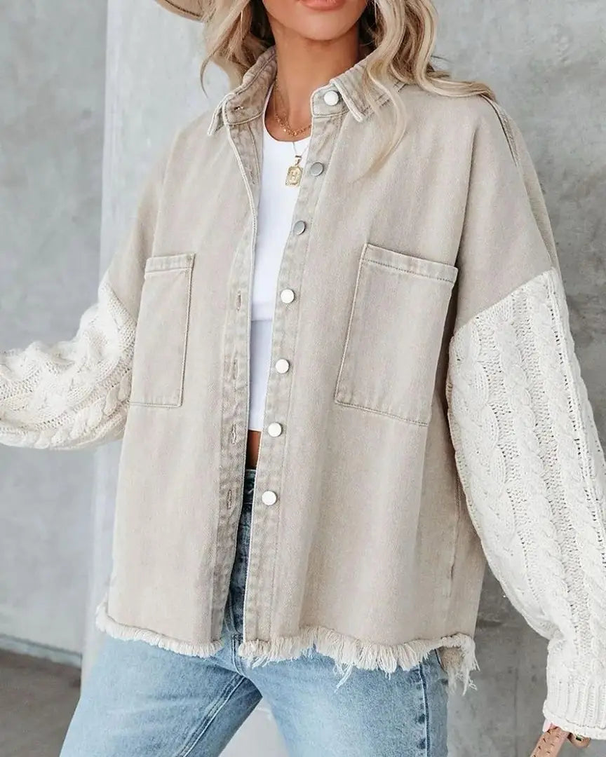 DENIM JACKET WITH KNIT SLEEVE