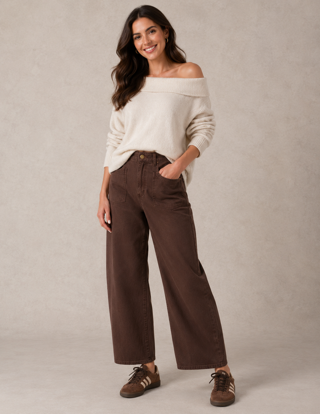 MID RISE CHOCOLATE BARREL JEANS
