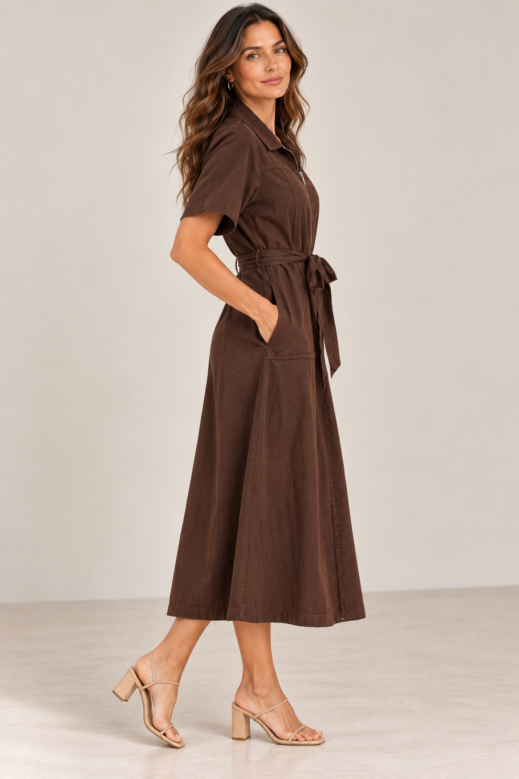 Rayon Zip Front Midi Dress