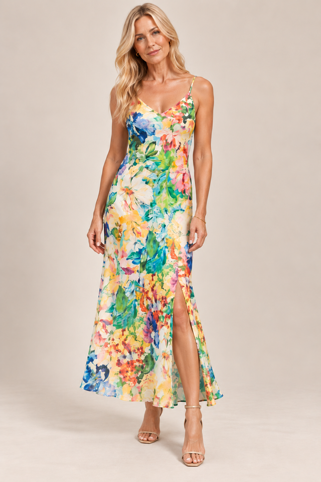 Watercolour Floral Bias Maxi Dress
