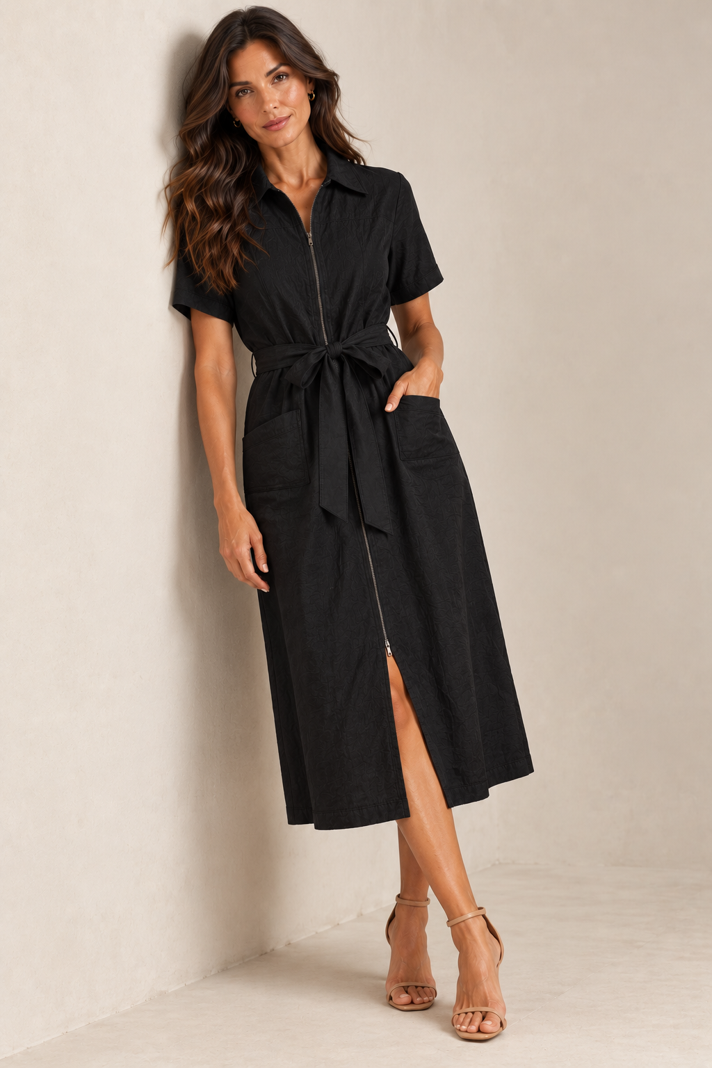 Rayon Zip Front Midi Dress