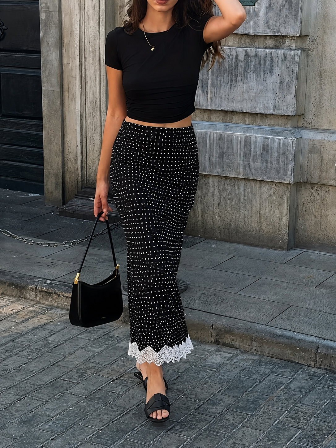 Bias Dot Lace Hem Skirt