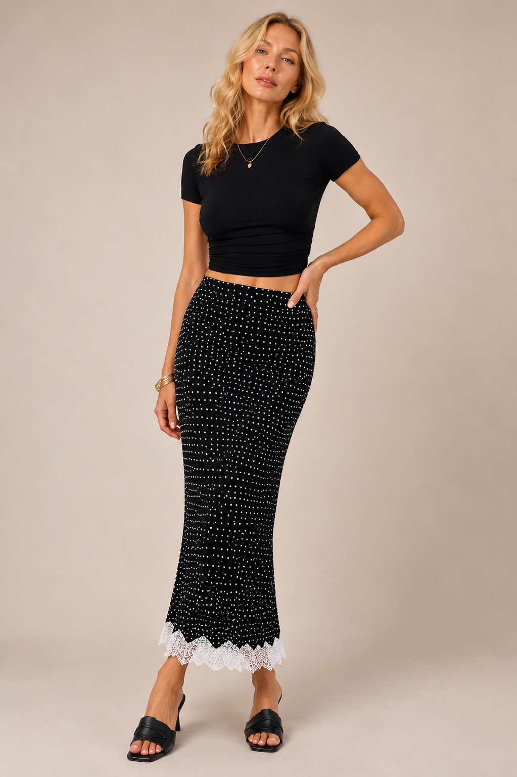 Bias Dot Lace Hem Skirt