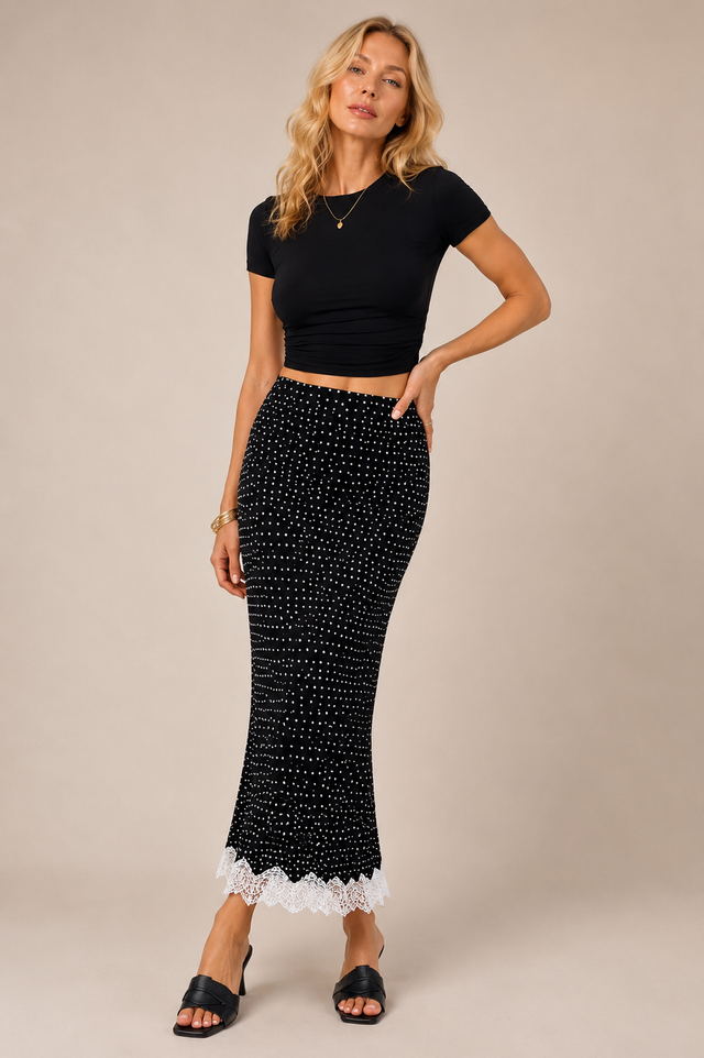 Bias Dot Lace Hem Skirt