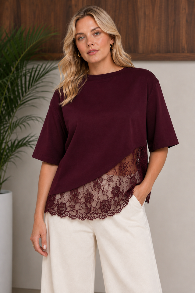 WINE T SHIRT LACE TRIM