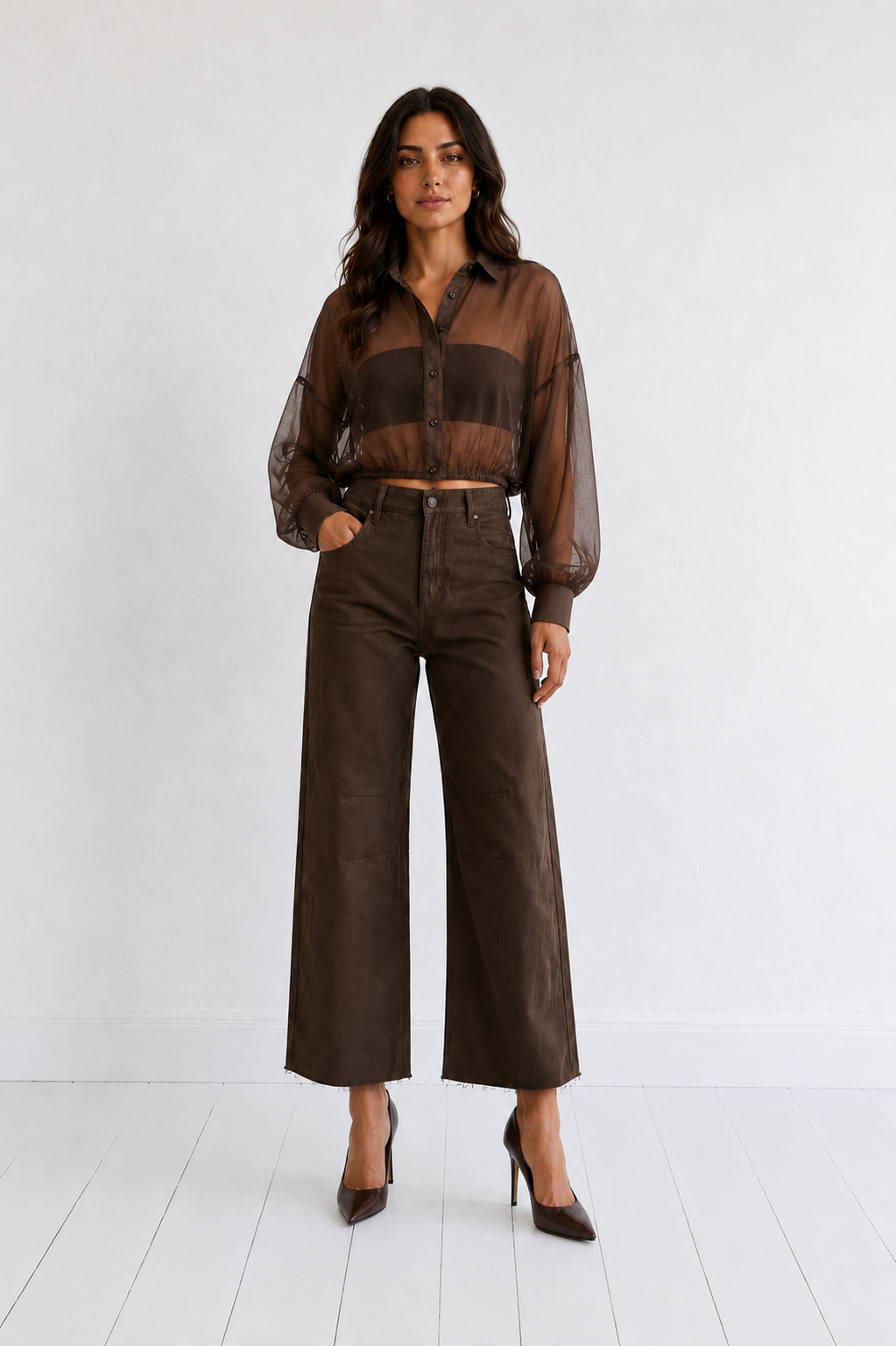 CROP SHEER SHIRT -CHOC